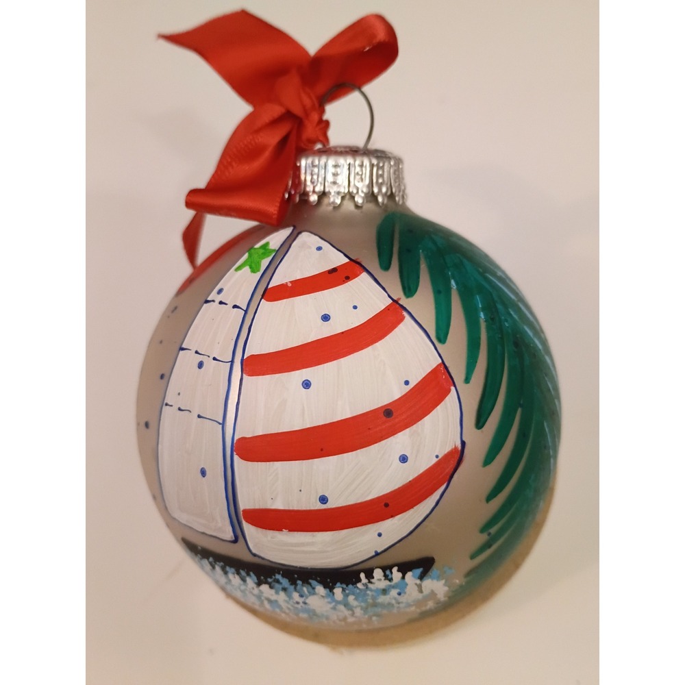 Hand Painted Sailboat Glass Christmas Ornament Signed Diane Coastal Nautical
